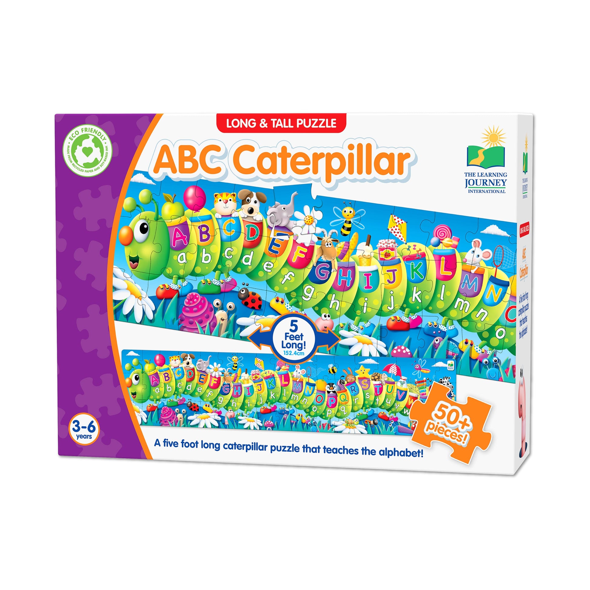 Educational ABC Caterpillar long puzzle box for ages 3-6, showing a green caterpillar with alphabet letters A-Z on its body sections, surrounded by animals and flowers