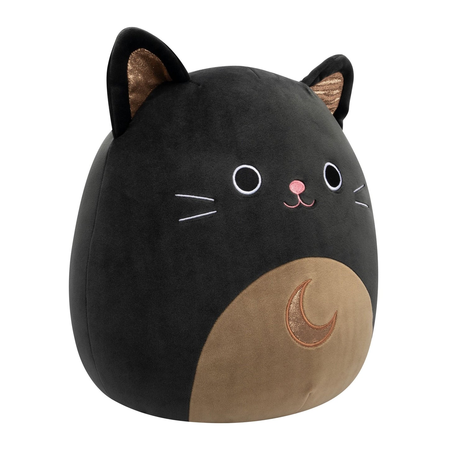 A black cat Squishmallow with shiny gold ears, a pink nose, white whiskers and eyes, and a brown belly featuring a gold crescent moon