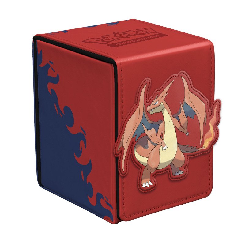Charizard Pokemon TCG red deck box with applique and blue flame pattern