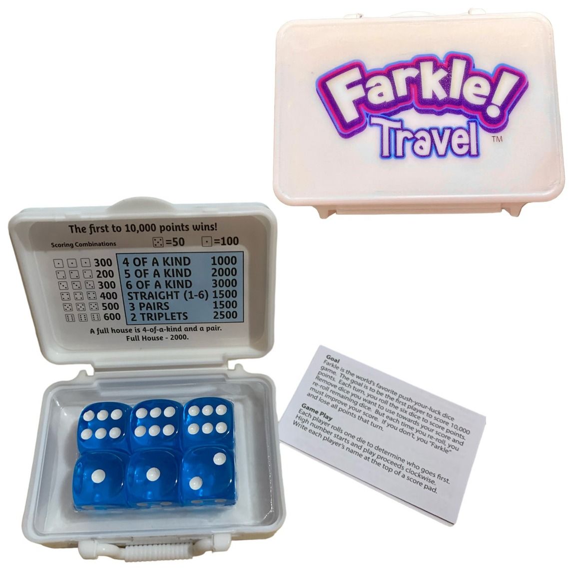 Farkle! Travel dice game set, open white case displaying the scoring combinations chart and six translucent blue dice