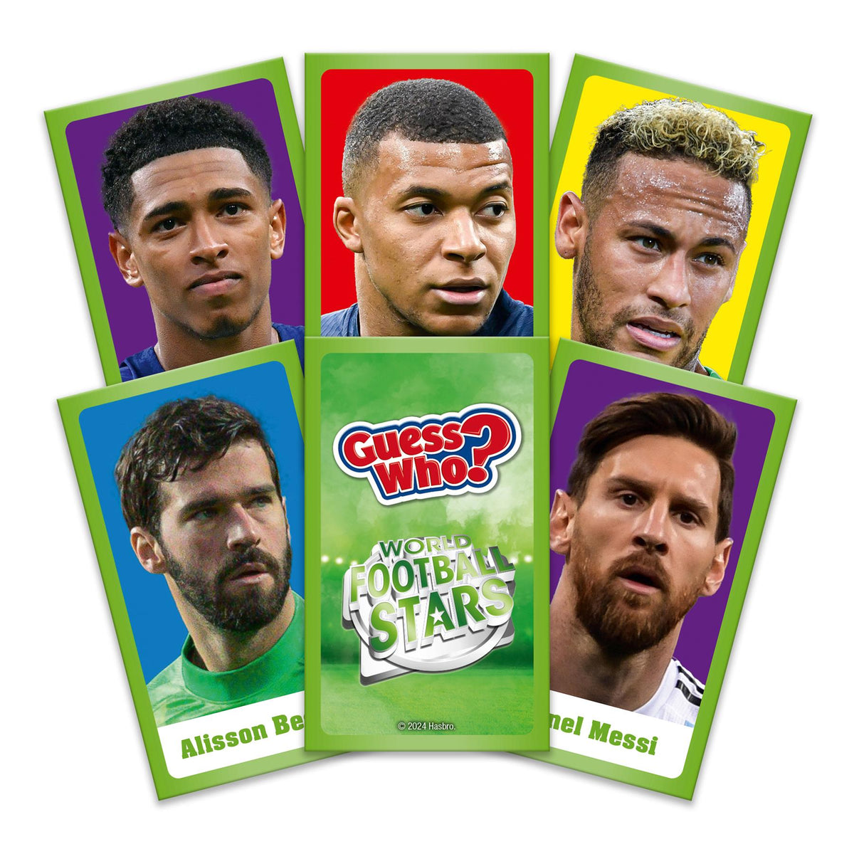 Guess Who World Football Stars green guessing game showing five player cards including Alisson Becker Kylian Mbappe Neymar and Lionel Messi