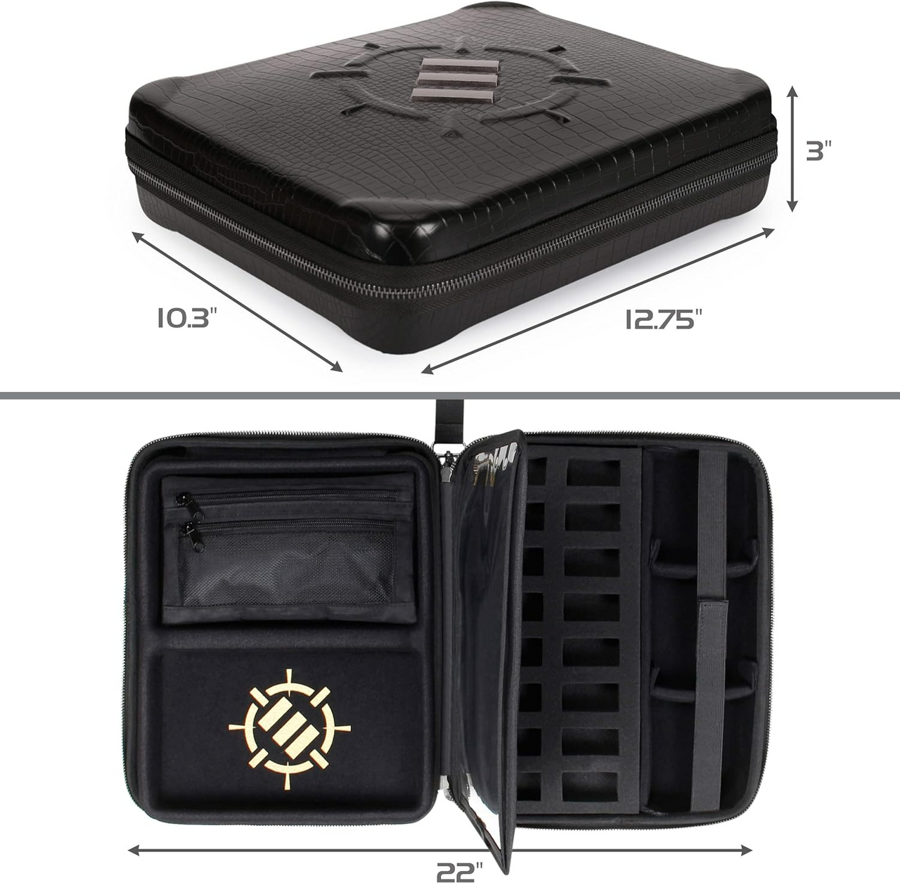 Black crocodile-texture storage case shown closed with an emblem, and open revealing organized interior pockets and foam slots.