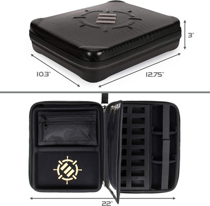 Black crocodile-texture storage case shown closed with an emblem, and open revealing organized interior pockets and foam slots.