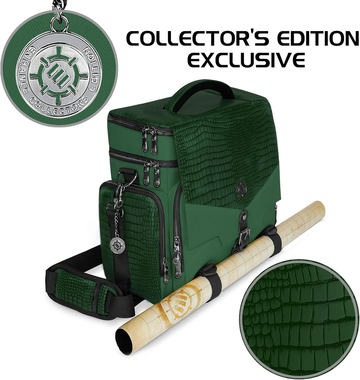 A dark green, crocodile-textured backpack with a rolled map attached, and a silver Collector's Edition medallion.