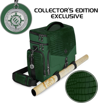 A dark green, crocodile-textured backpack with a rolled map attached, and a silver Collector's Edition medallion.