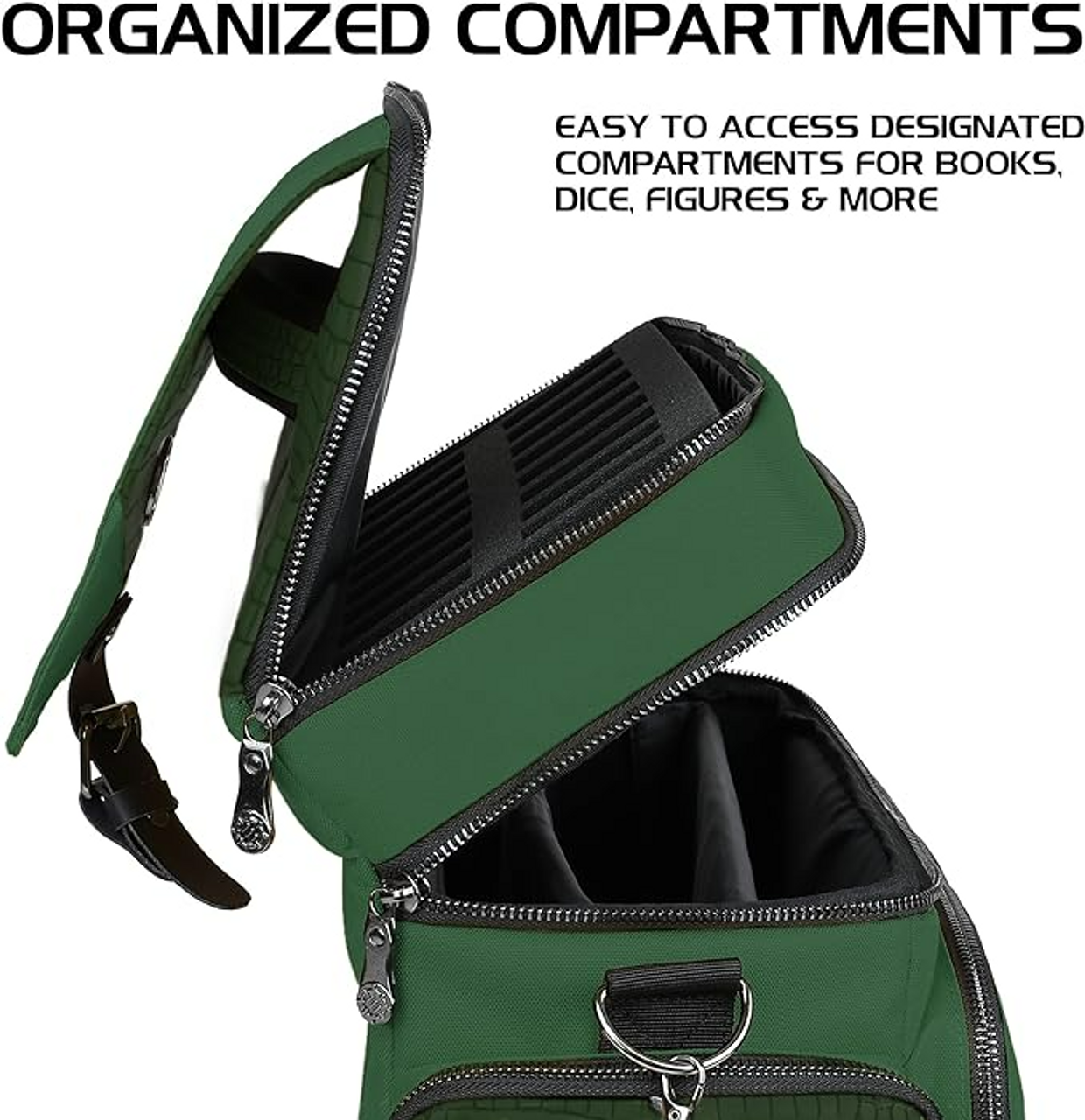 Dark green case open, revealing two sections of organized compartments for gaming accessories.