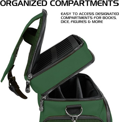 Dark green case open, revealing two sections of organized compartments for gaming accessories.