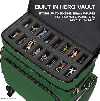 Open green case with a foam insert holding painted fantasy miniatures. Lid text says "Built-in Hero Vault."
