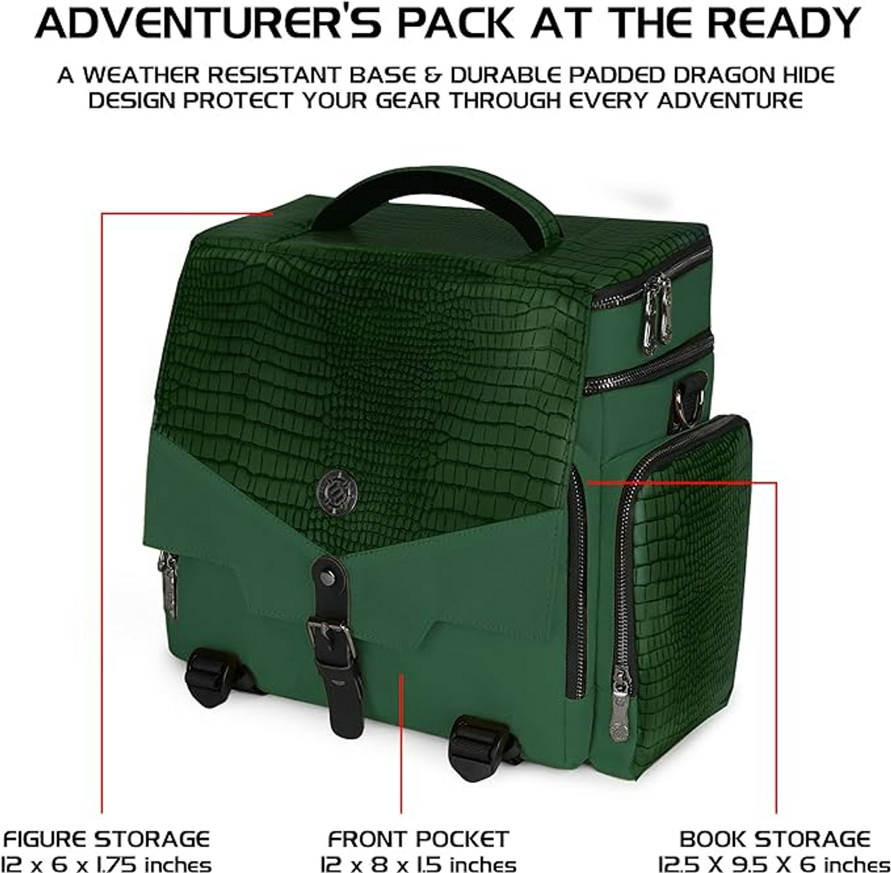 Dark green 'Adventurer's Pack' with textured dragon hide design, top handle, zippers, and front buckle.