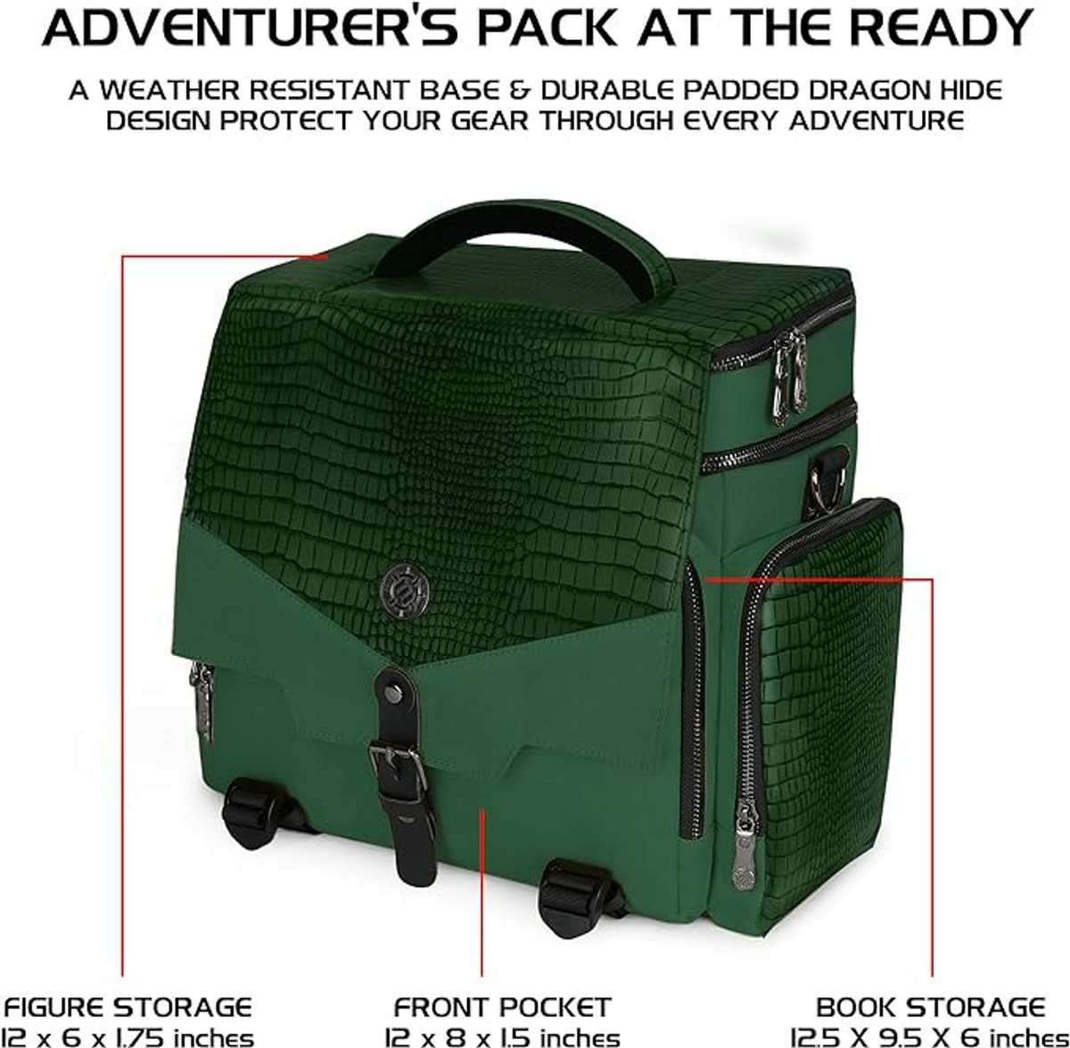 Dark green &#39;Adventurer&#39;s Pack&#39; with textured dragon hide design, top handle, zippers, and front buckle.