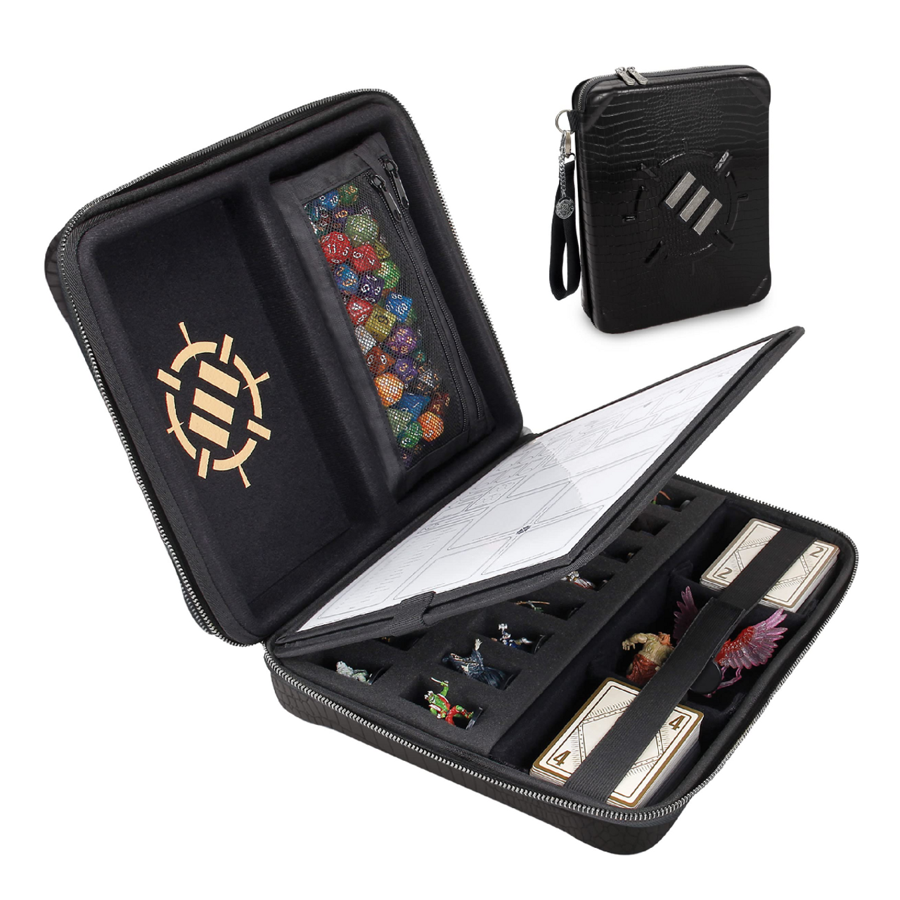 Open black zippered organizer for tabletop RPGs showing dice, miniatures, cards, and a grid map, with a closed case behind.