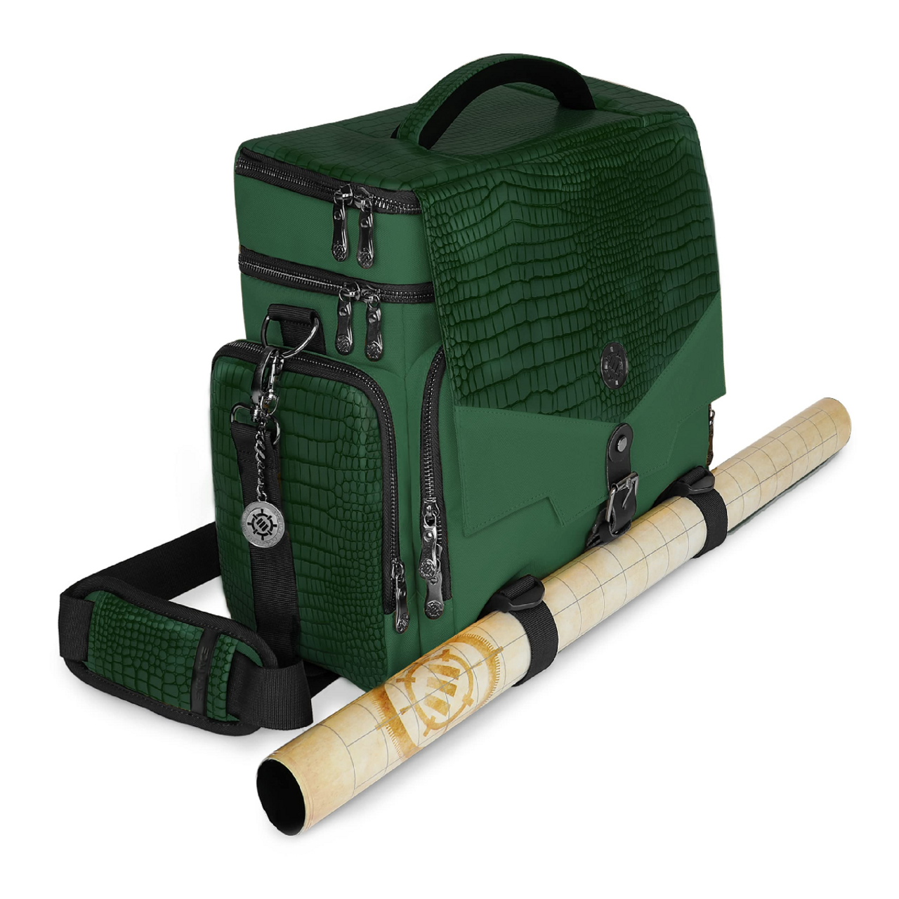 Dark green, crocodile-textured bag with a rolled grid map strapped to its side.