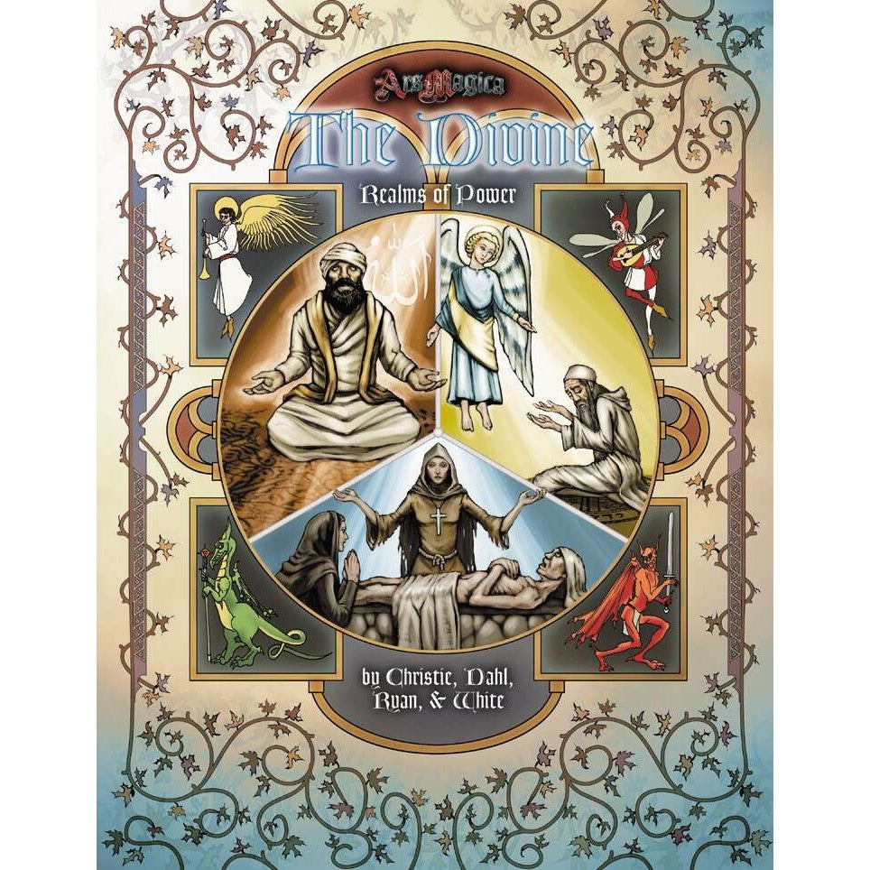 Cover for Ars Magica: The Divine, Realms of Power, diverse religious, angelic, and demonic figures in a segmented circle