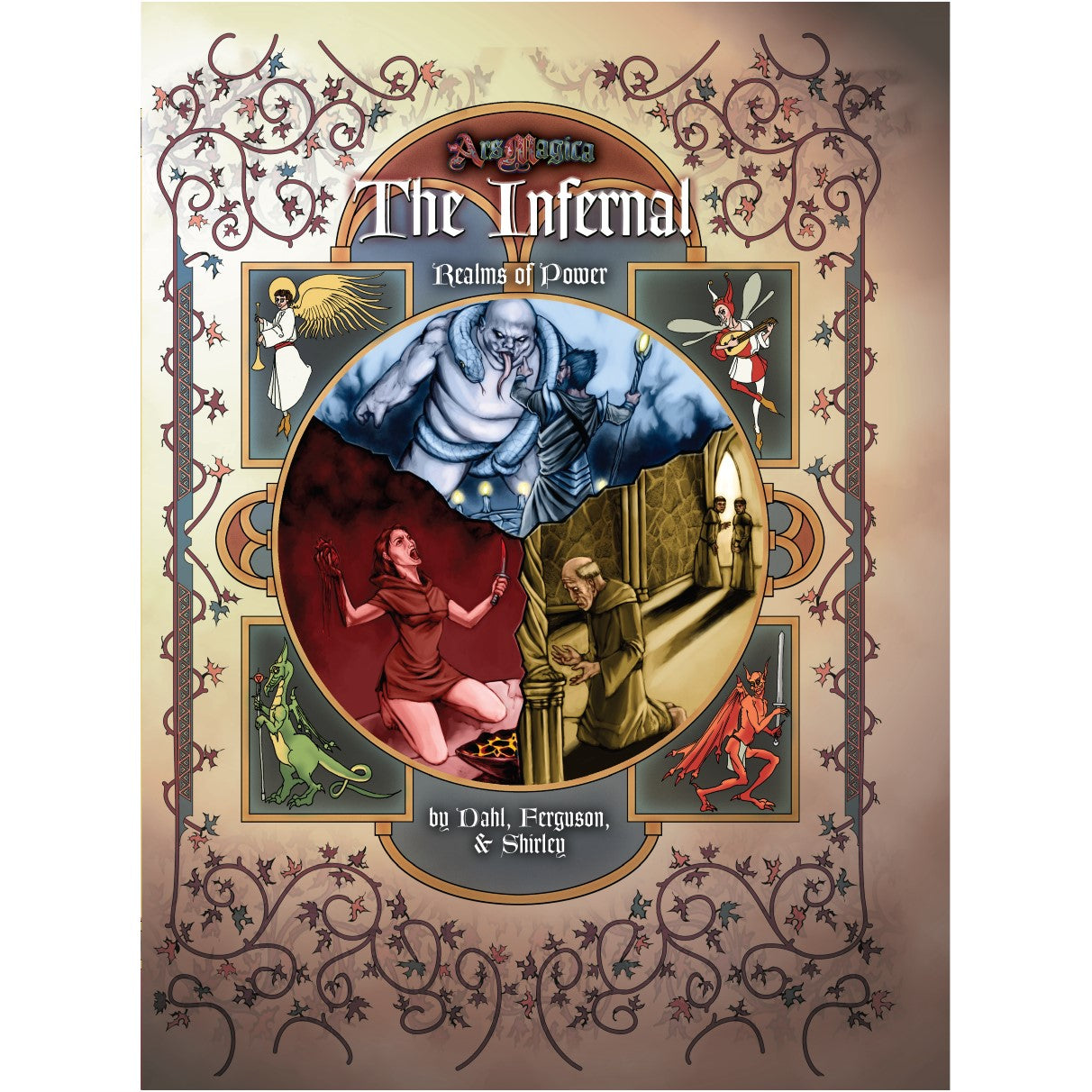 Ars Magica Fifth Edition - Realms of Power: The Infernal sourcebook cover. Multiple vignettes show a demon fighting a wizard, a sacrificing woman, a praying monk, an angel, and other creatures
