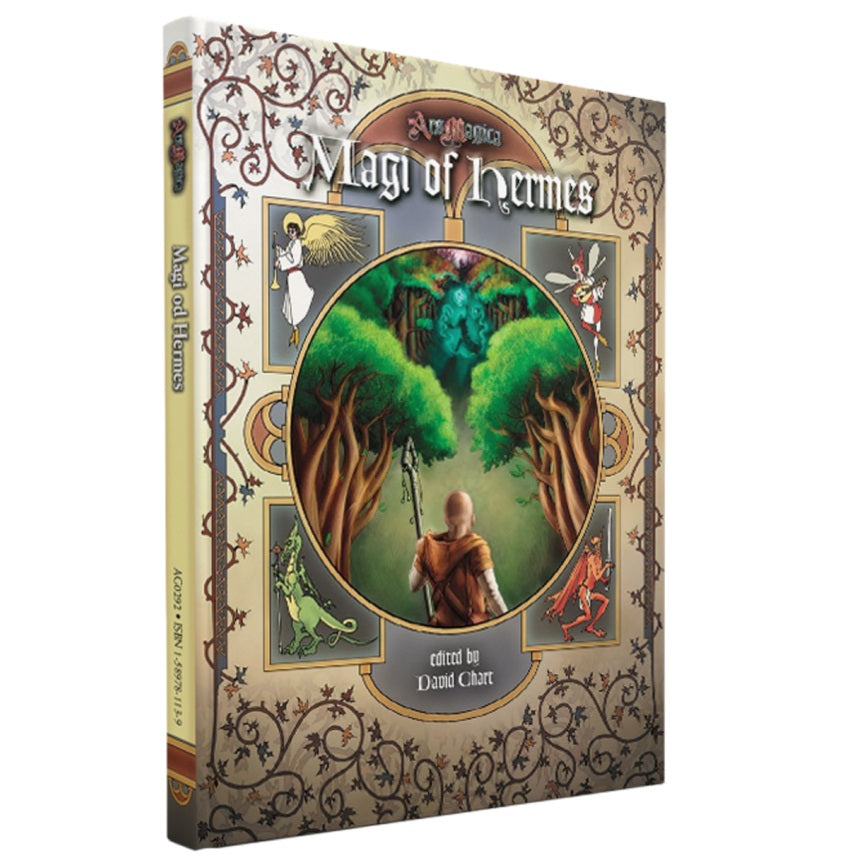 Ars Magica Fifth Edition RPG - Magi of Hermes sourcebook cover. Man with staff walks into forest toward green mystical figure, surrounded by creatures