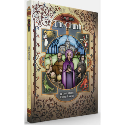 Ars Magica The Church sourcebook cover: Medieval art of a monk preaching to people outside a church, with saints and mythical creatures