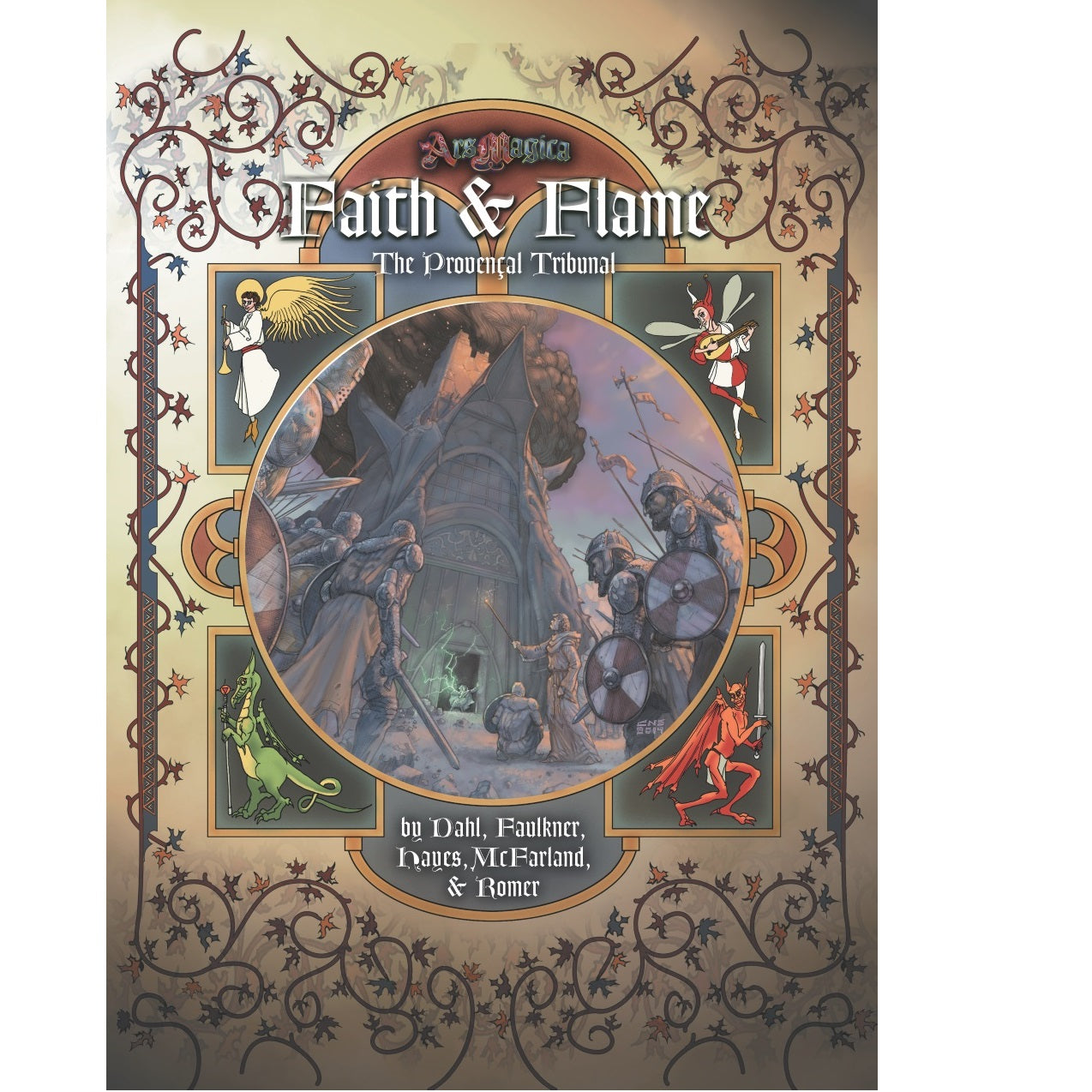 Ars Magica: Faith & Flame cover. Warriors & mages confront a glowing portal at a gothic building, with small fantasy scenes
