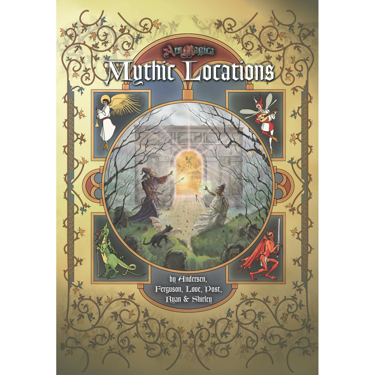 Cover: Ars Magica Fifth Edition RPG - Mythic Locations sourcebook. Mages conjure at a glowing portal in a graveyard, surrounded by mythical creatures