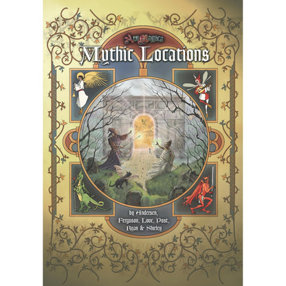 Cover: Ars Magica Fifth Edition RPG - Mythic Locations sourcebook. Mages conjure at a glowing portal in a graveyard, surrounded by mythical creatures