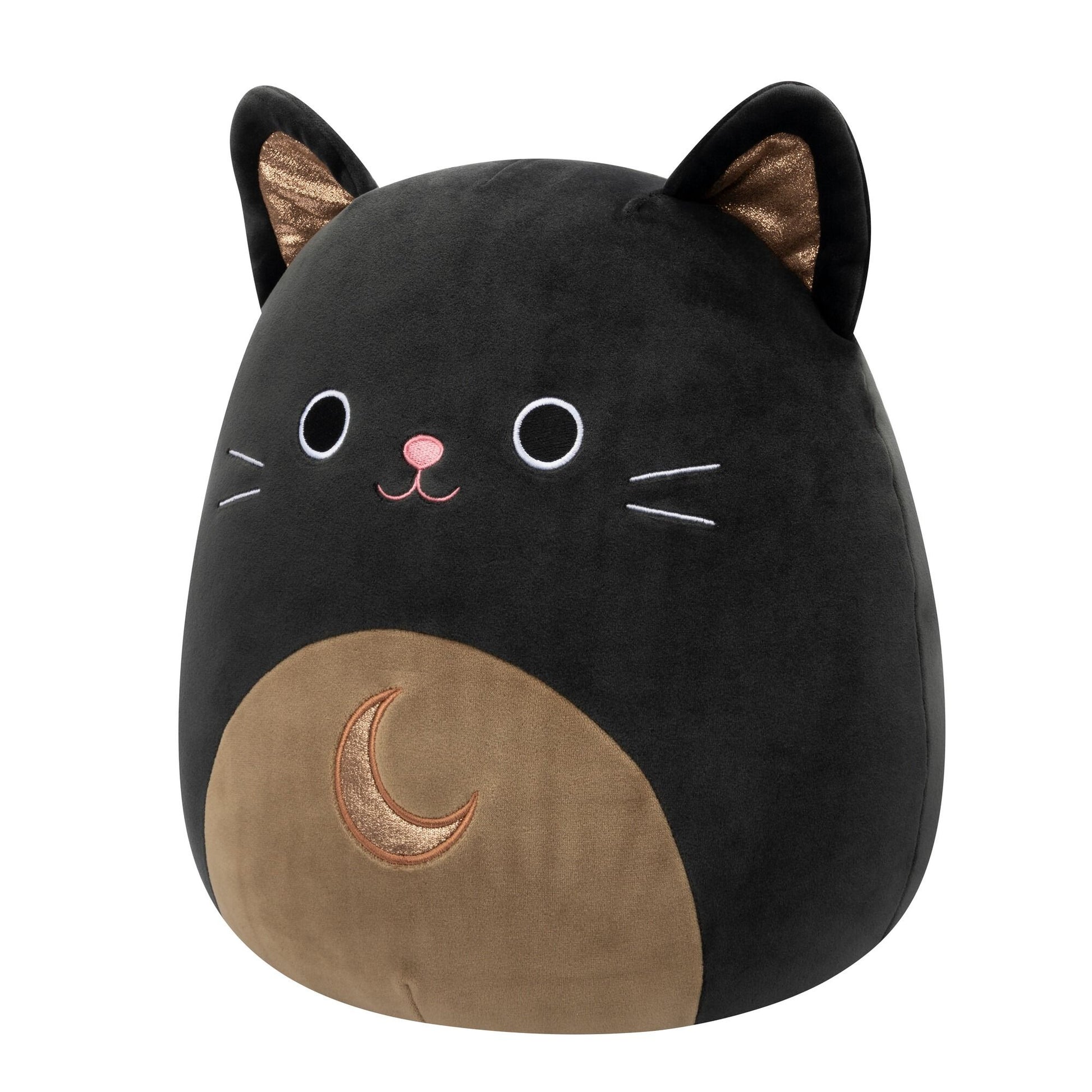 A black cat Squishmallow plush with gold glitter inner ears, white eyes, a pink nose, and a tan belly featuring a gold glitter crescent moon