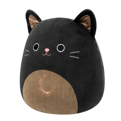 A black cat Squishmallow plush with gold glitter inner ears, white eyes, a pink nose, and a tan belly featuring a gold glitter crescent moon