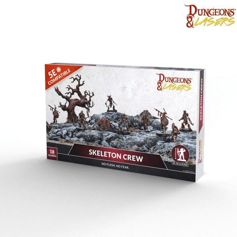 Dungeons & Lasers "Skeleton Crew" 5E compatible box of 18 tabletop miniature models, featuring skeleton figures and a dead tree on the cover