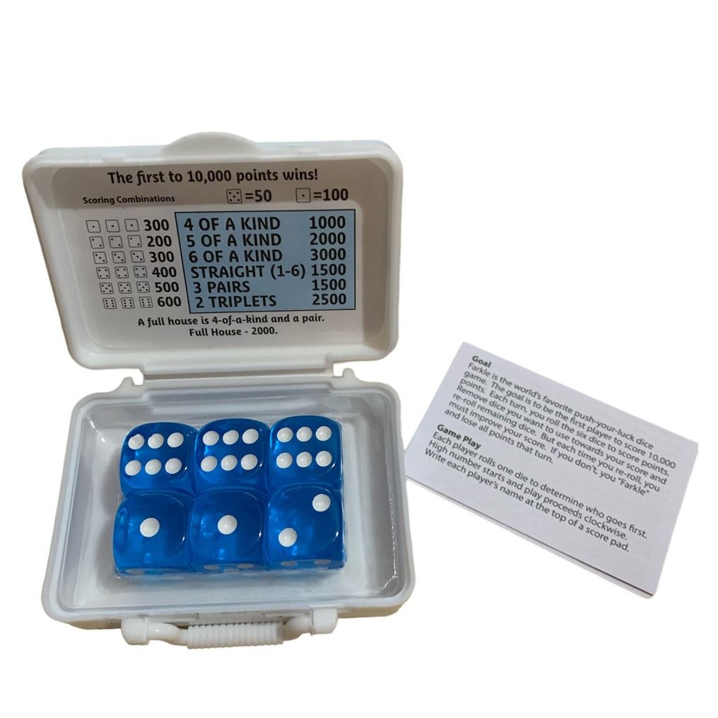 Open white Farkle dice game travel case with six translucent blue dice and scoring chart