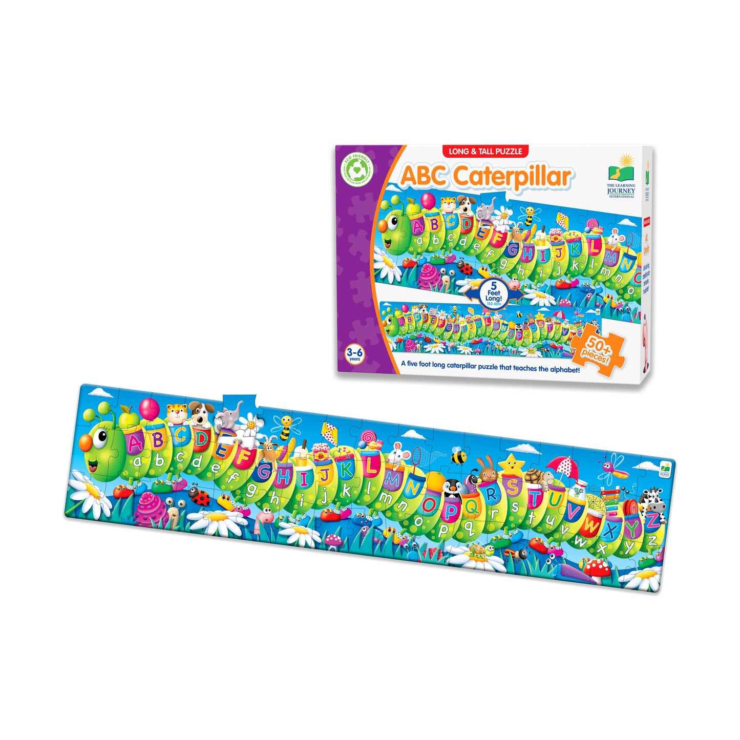 Long ABC Caterpillar floor puzzle with 26 segments featuring letters A to Z and illustrations of animals/objects