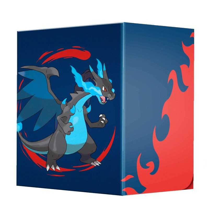 Dark blue Pokemon deck box featuring Black Mega Charizard X with blue flames and red accent graphics