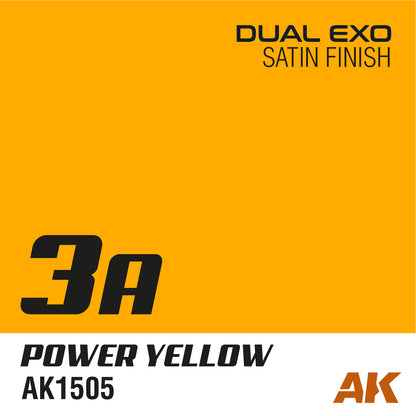 A solid yellow color swatch titled "Power Yellow AK1505" with "Dual Exo Satin Finish" and an "AK" brand logo