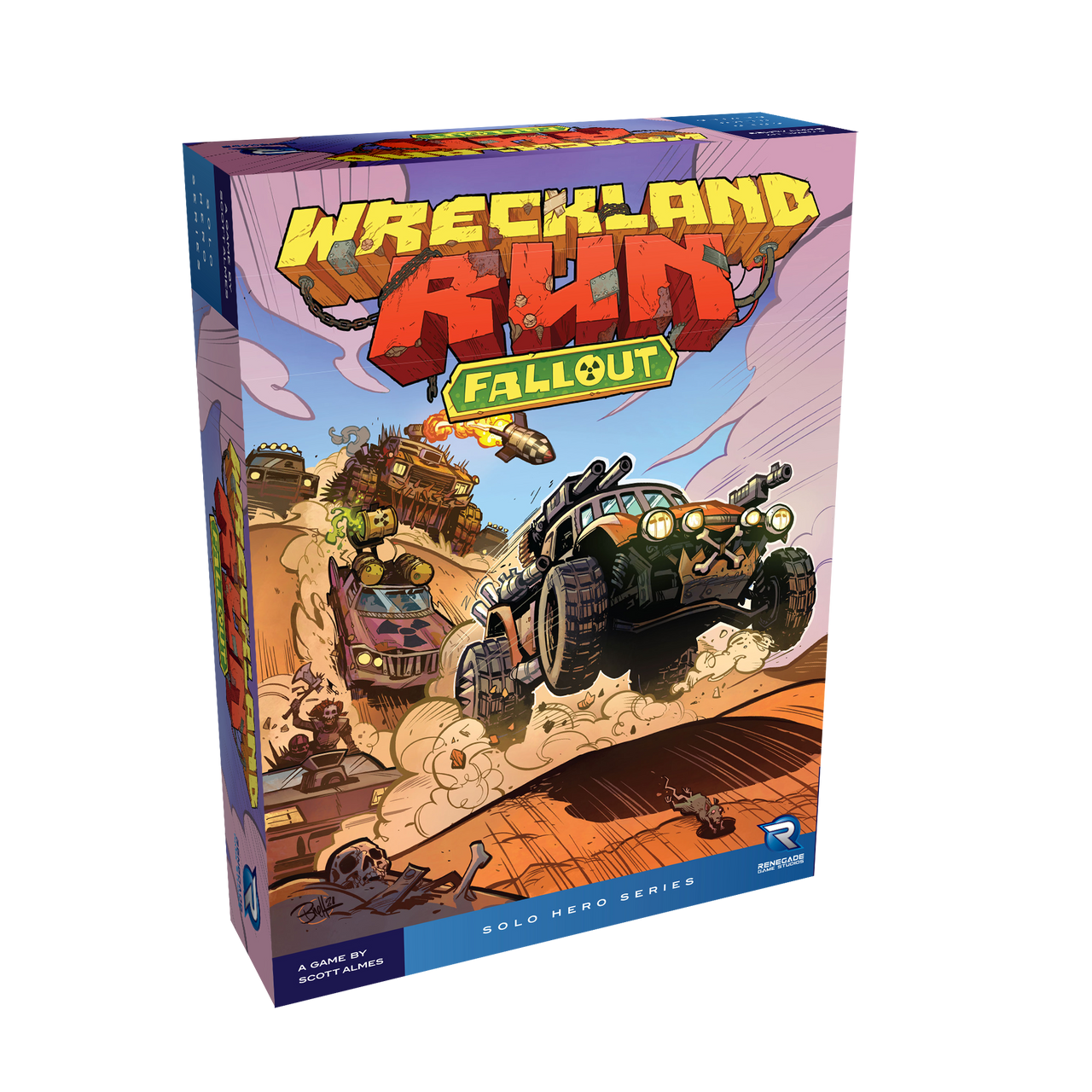 Board game box for Wreckland Run: Fallout, featuring armed vehicles racing through a dusty desert