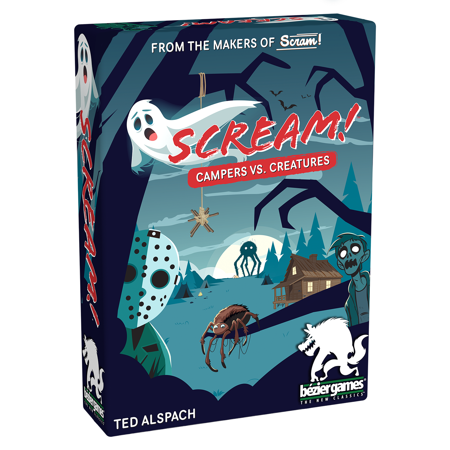 SCREAM! Campers vs. Creatures card game box, Cartoon horror art with a ghost, masked slasher, zombie, and creatures in a dark forest