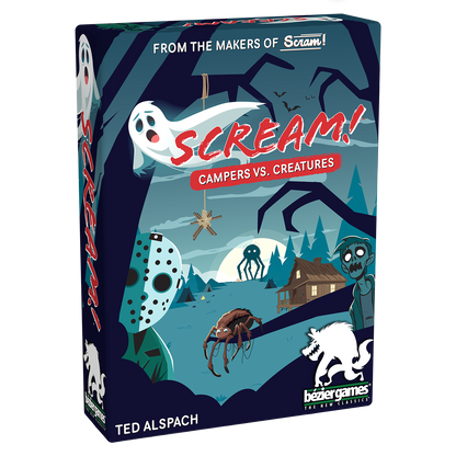 SCREAM! Campers vs. Creatures card game box, Cartoon horror art with a ghost, masked slasher, zombie, and creatures in a dark forest