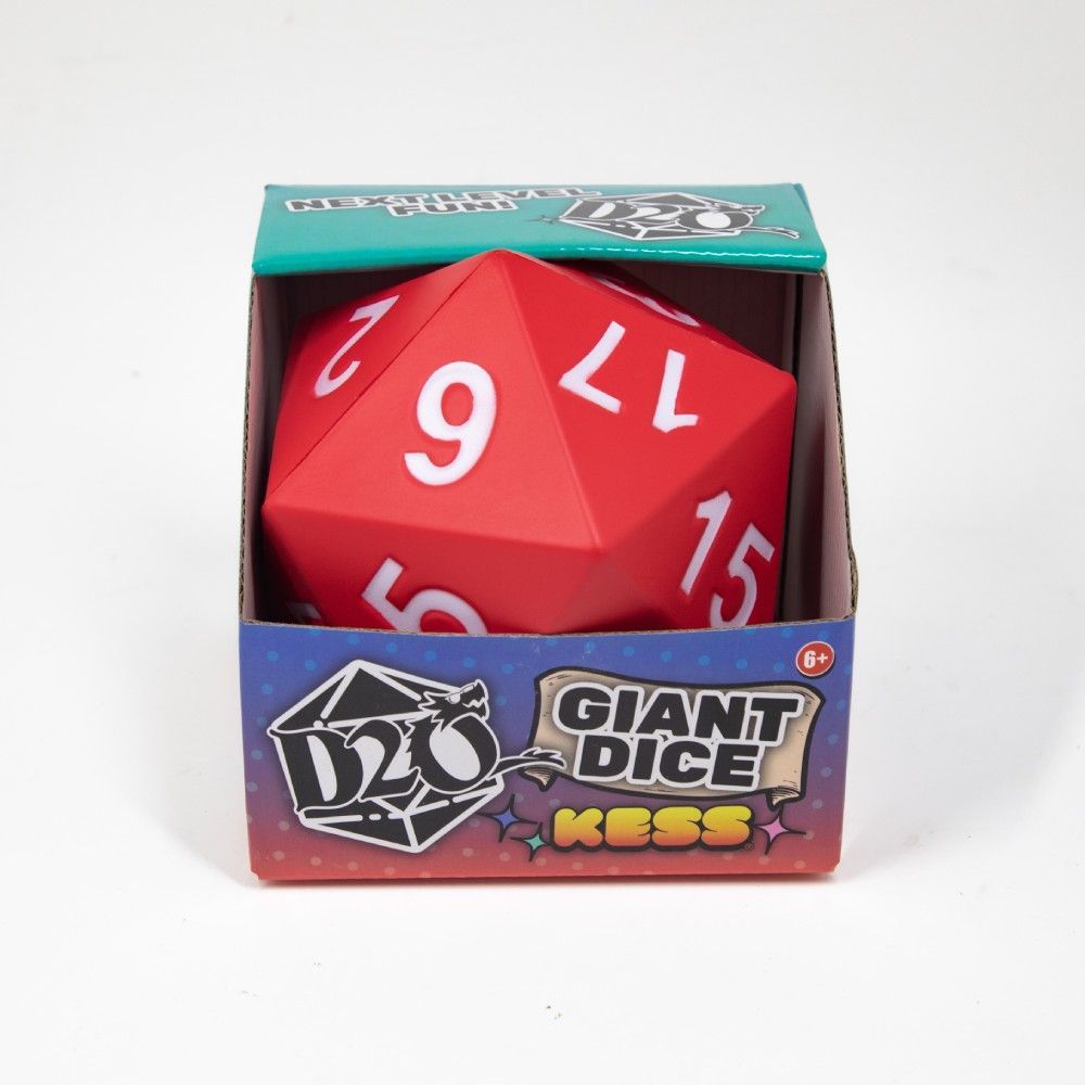 Foam red D20 die in colourful retail packaging, labeled "Giant Dice Kess"