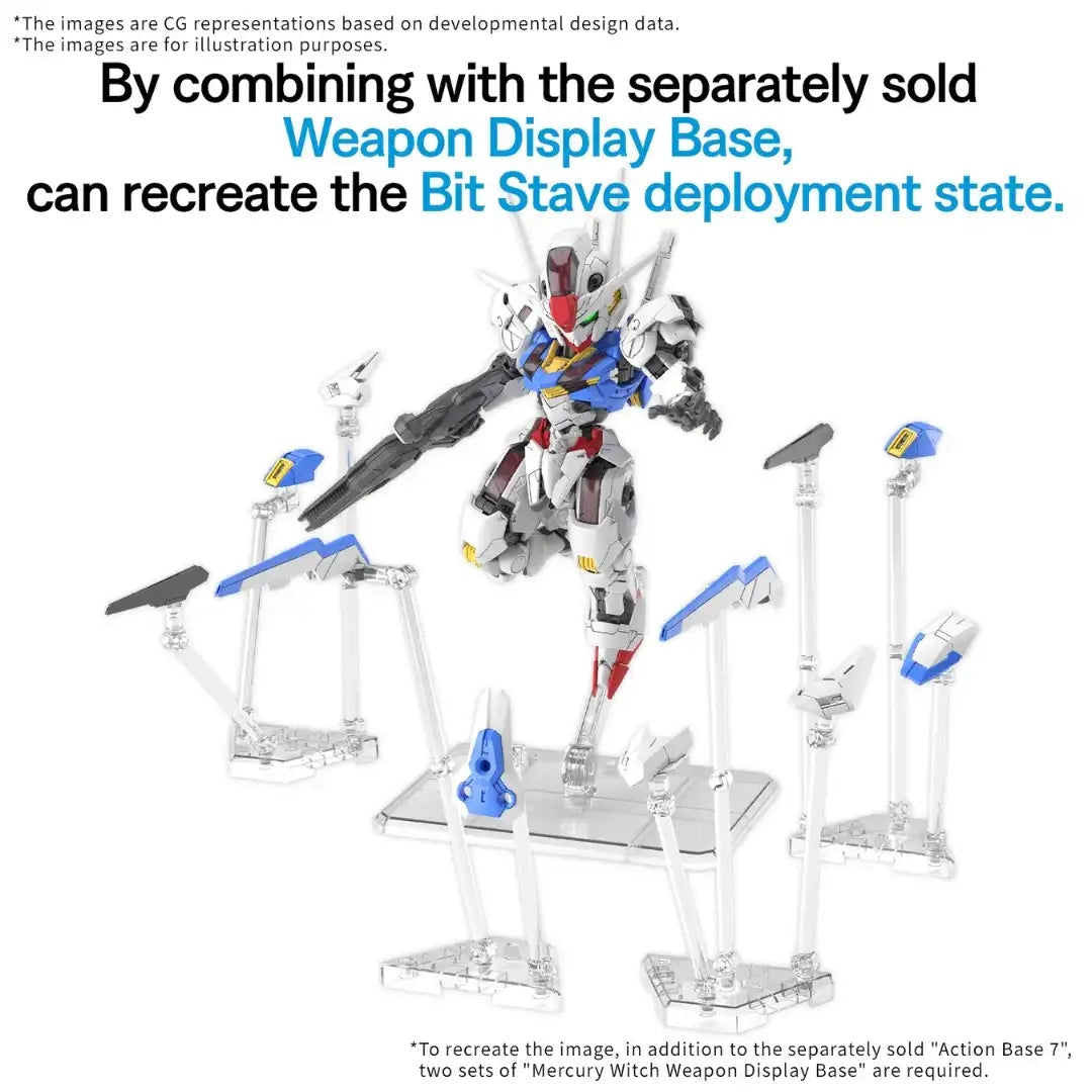 White Gundam model flying, surrounded by several detached weapon parts (Bit Staves) displayed on clear action stands