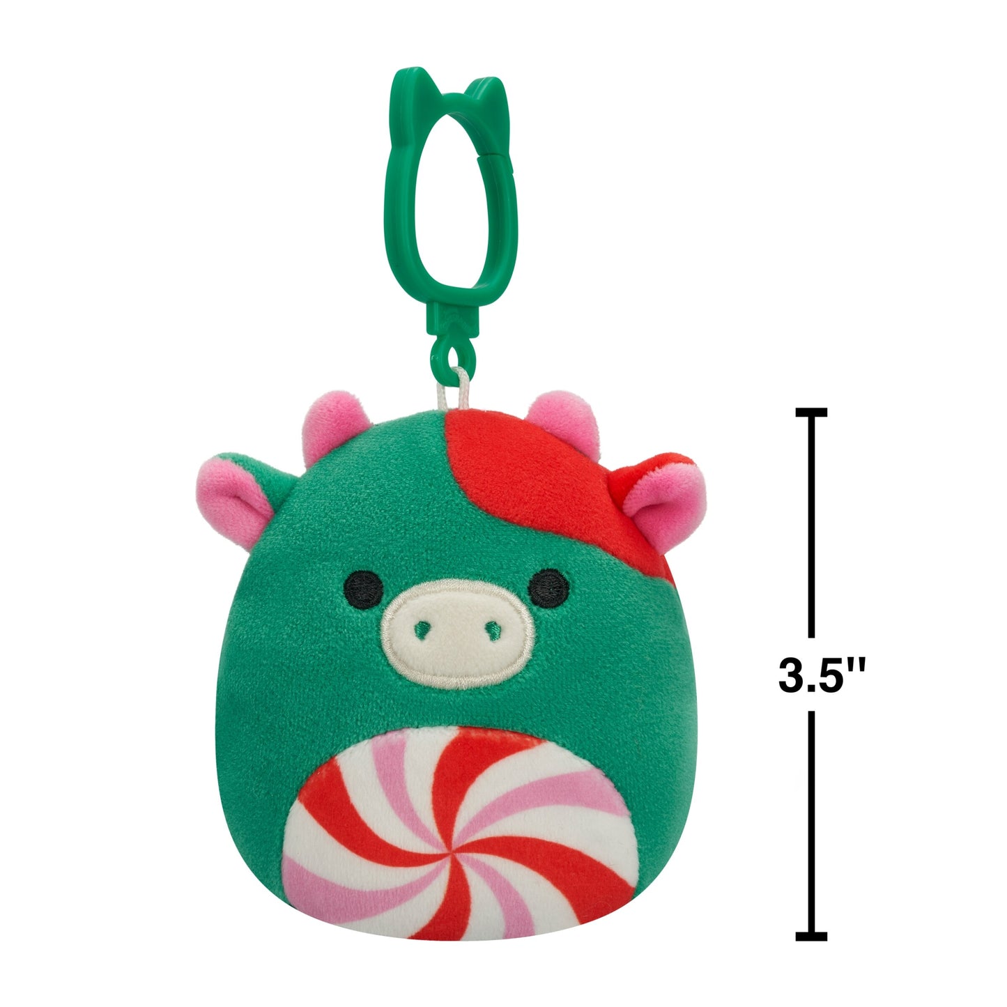 A 3.5-inch green cow plush clip with red accents and a pink and red candy swirl belly