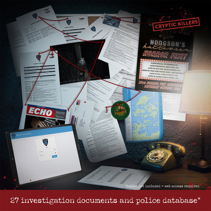A dark desk covered in crime investigation documents connected by red thread, a rotary phone and a tablet