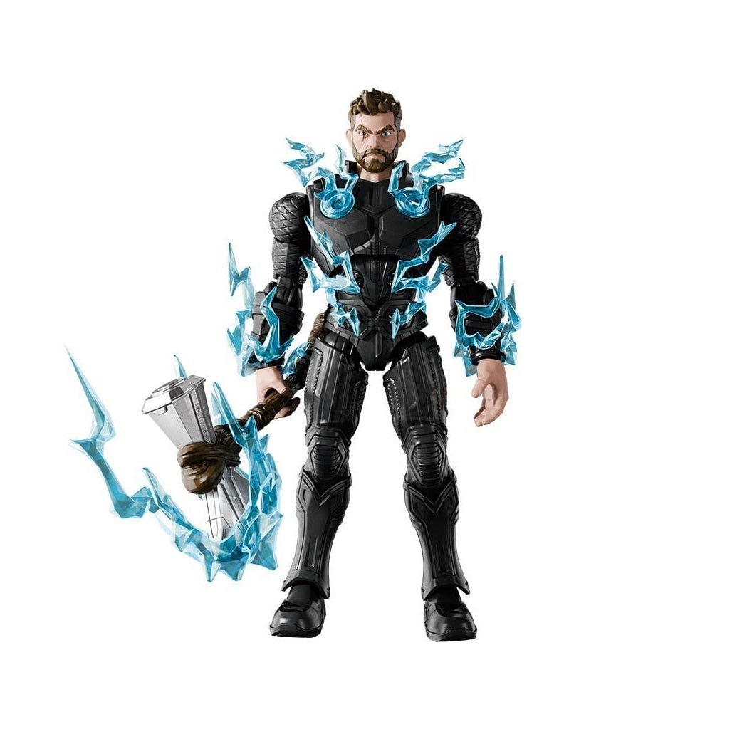 Thor action figure in black suit with blue lightning effects, holding a hammer