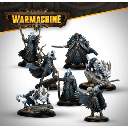 Six painted Warmachine wargaming miniatures: four dark armored warriors (swords, bow) and two large white armored fantasy beasts