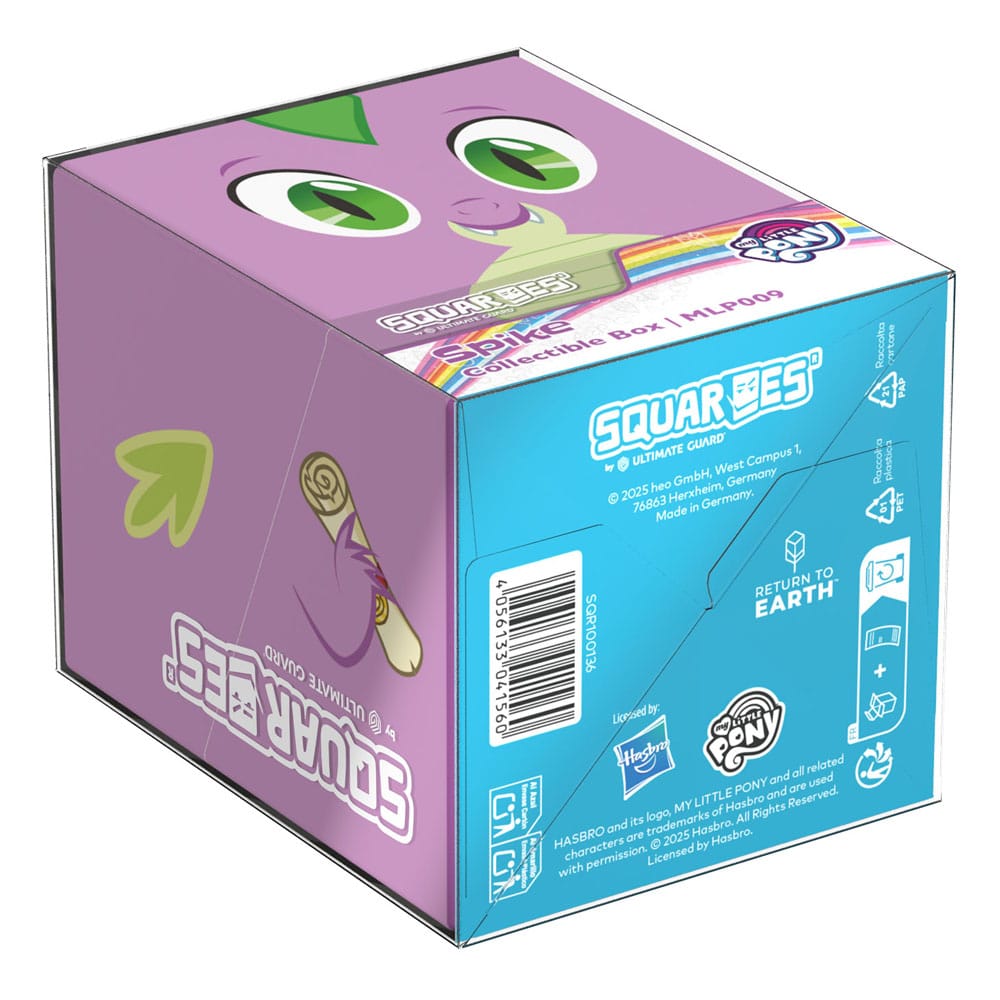 A purple and blue Ultimate Guard Squaroes collectible box with Spike&#39;s eyes on top and product details on the sides