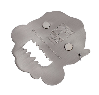 Brushed stainless steel Warhammer Ork head bottle opener magnet. The design features jagged teeth and etched official licensing text on the back