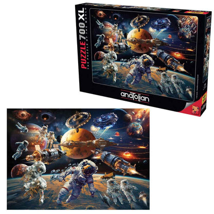 Anatolian 700 XL space jigsaw puzzle box and artwork showing astronauts, futuristic spaceships, and large planets in deep space