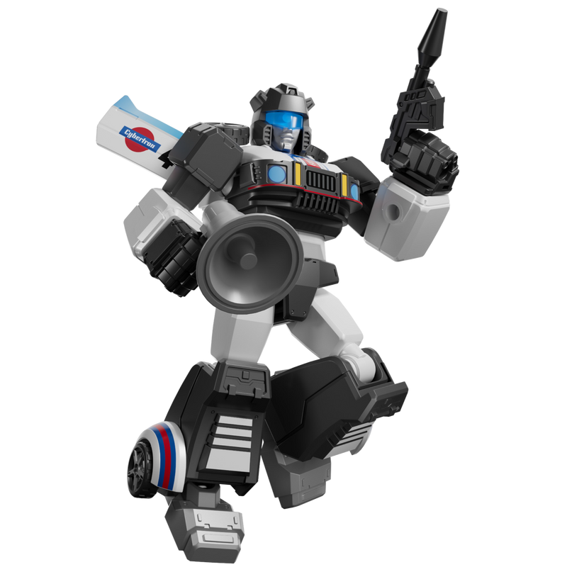 Generation 1 Transformers G1 Jazz action figure gray black and white with red and blue accents holding a blaster