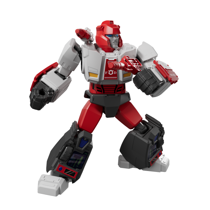 Red and white transforming robot toy with black and gray accents standing in a dynamic pose