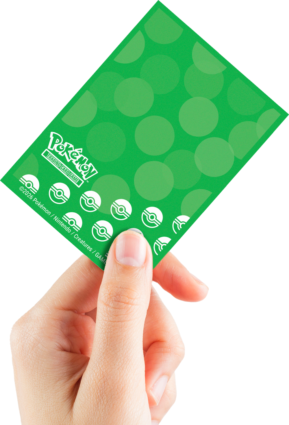 Pokémon TCG card sleeve held by a hand, showing the logo and Poké Ball icons