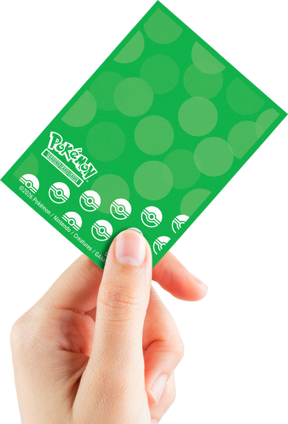 Pokémon TCG card sleeve held by a hand, showing the logo and Poké Ball icons