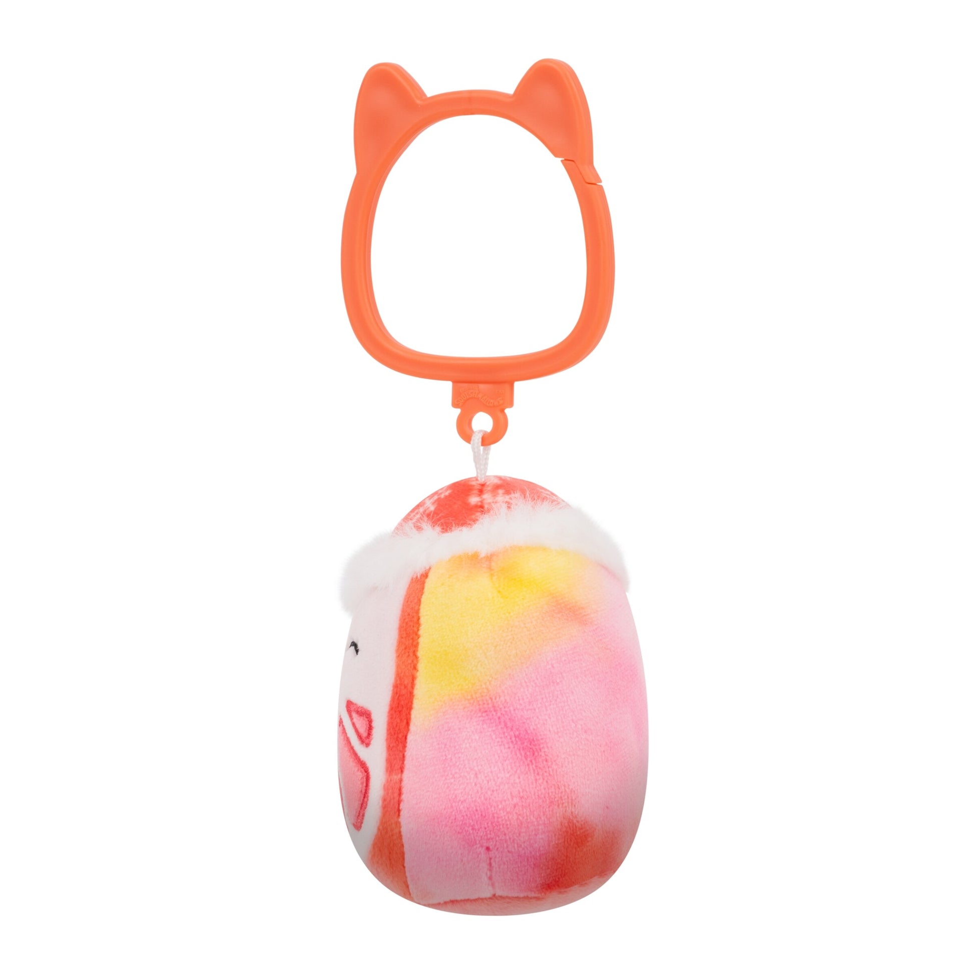 Multicolored plush clip-on toy with a winter hat, suspended from an orange plastic cat-ear clip