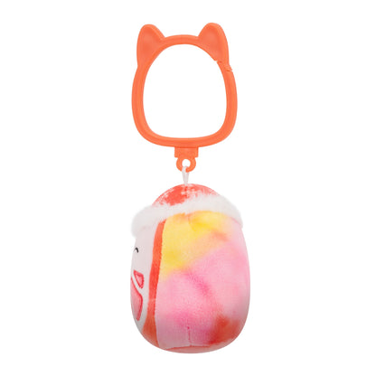 Multicolored plush clip-on toy with a winter hat, suspended from an orange plastic cat-ear clip