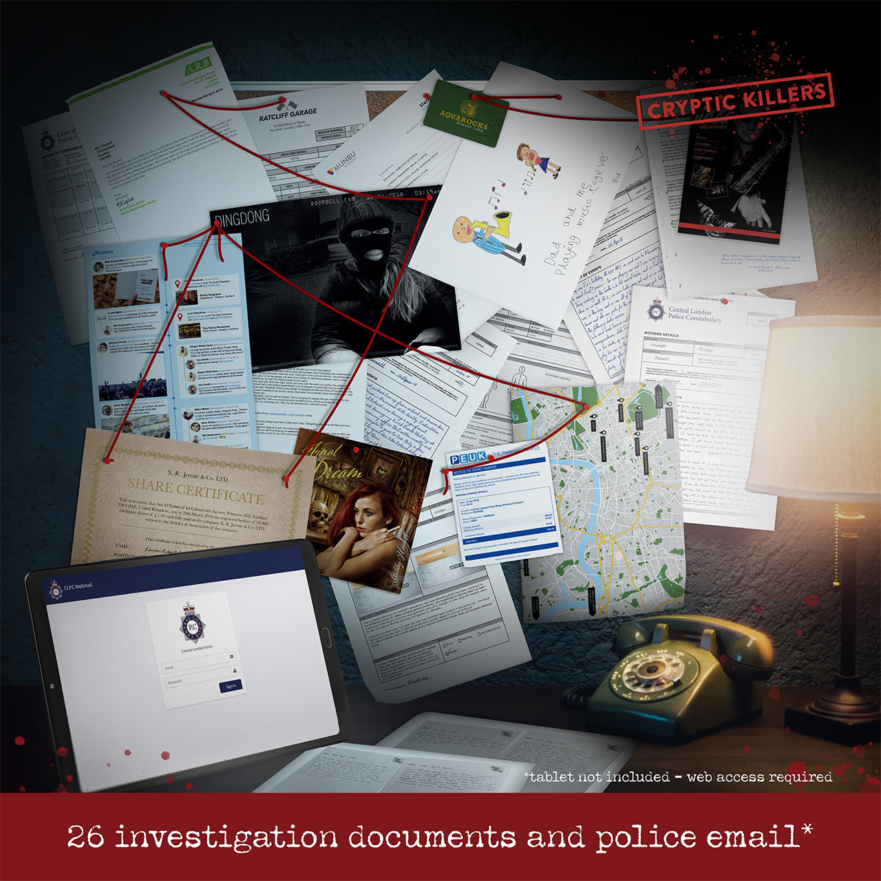 Murder investigation board setup: documents, maps and photos connected by red string, plus a phone and tablet