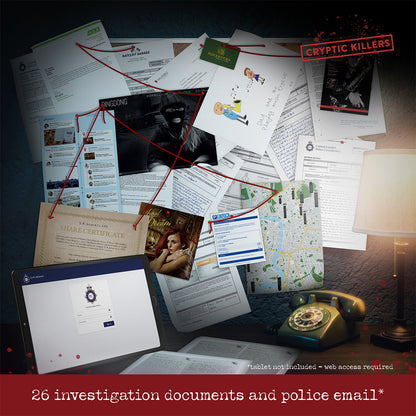 Murder investigation board setup: documents, maps and photos connected by red string, plus a phone and tablet